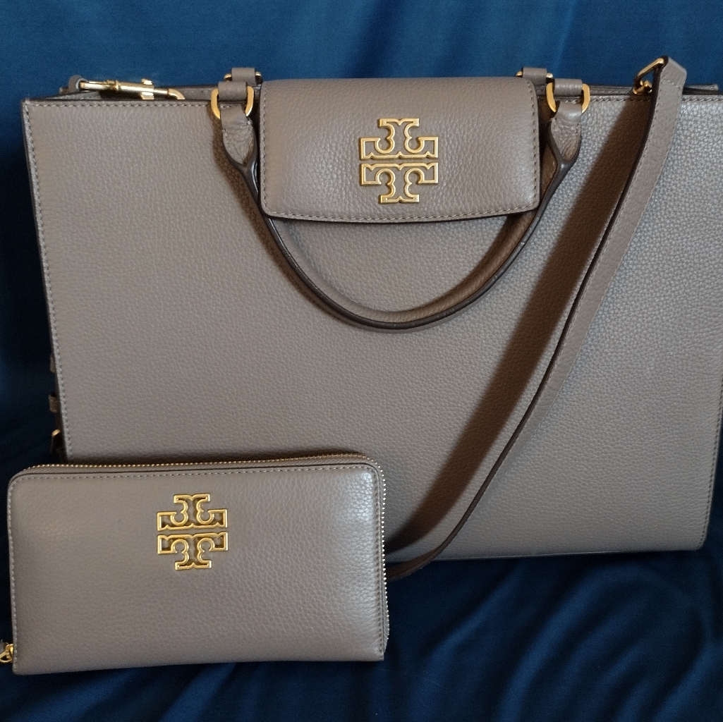 Gorgeous Tory Burch Double T Britten Tote + Matching Wallet In Mushroom Taupe